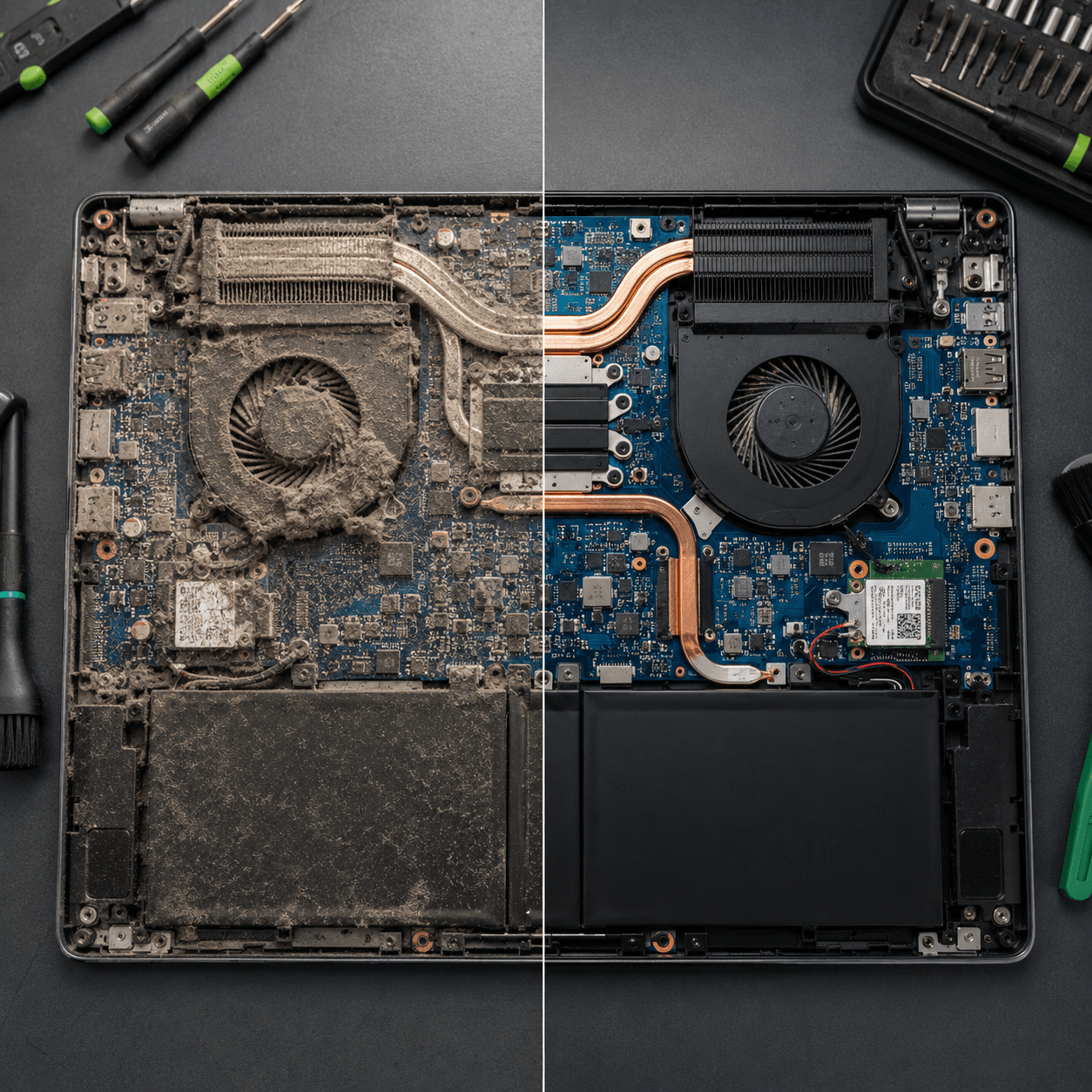 Comparação do interior de um notebook antes e depois da limpeza técnica
